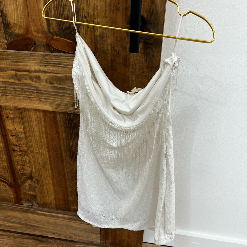 Boutique White Sequin Strapless Bodycon Dress with Fringe